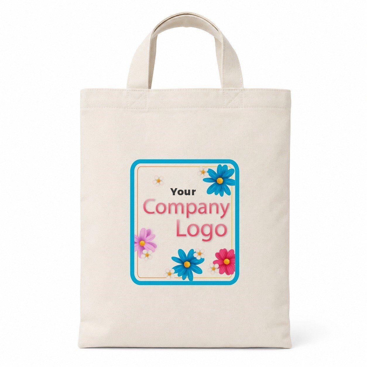 Calico grocery bag with a sample company logo print