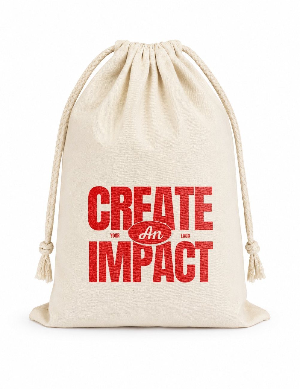Muslin drawstring cinch pouch printed with Create Impact