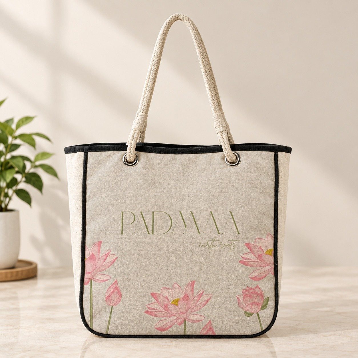 Heavy duck canvas tote with cotton rope handles and floral print