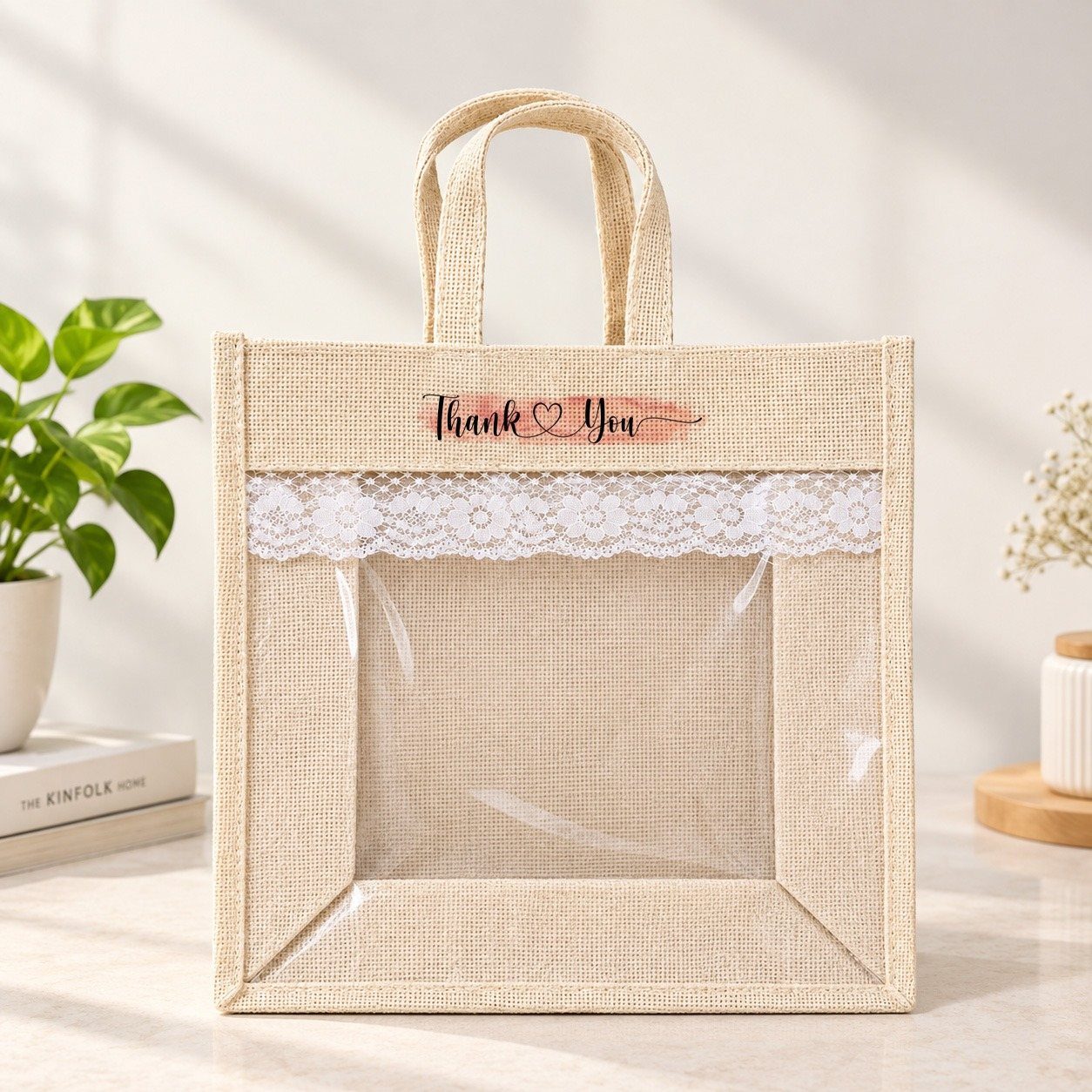 Juco tote bag with a clear PVC window and lace trim