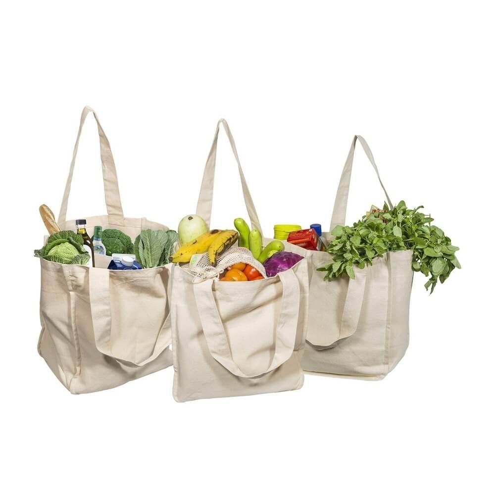 Canvas box-gusset grocery totes filled with fresh produce
